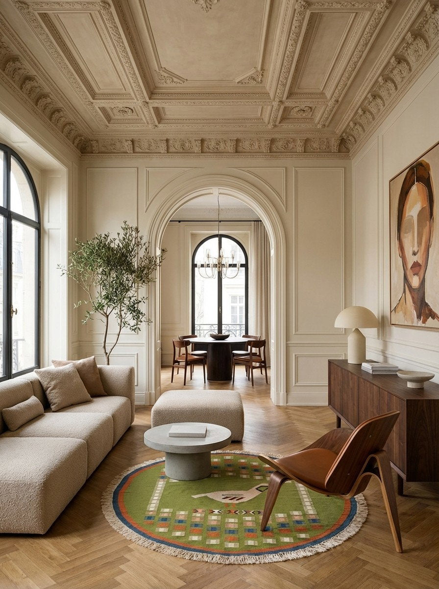 Kelim Rund — Handgefertigt, 120x120 cm, Blau, 100% Virgin Wool | Detail view