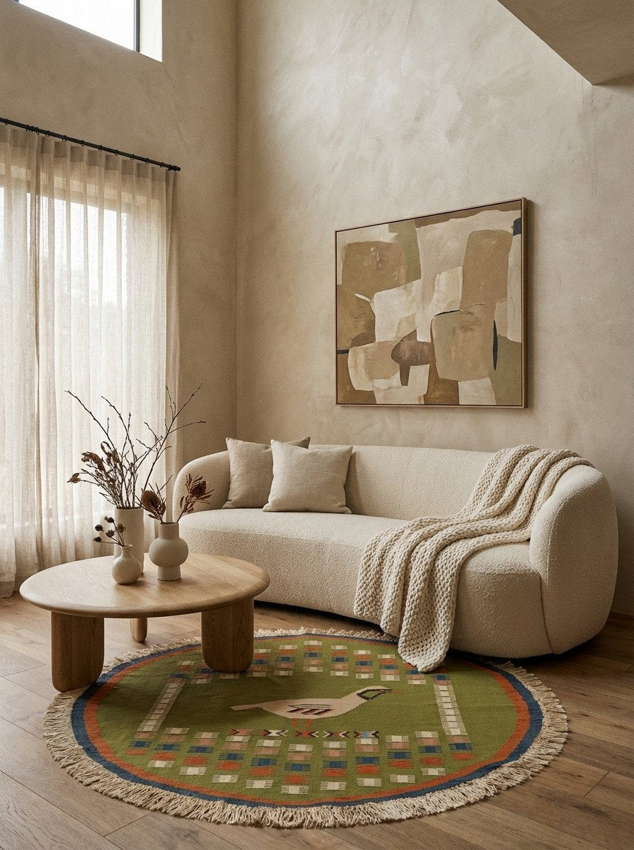 Kelim Rund — Handgefertigt, 120x120 cm, Blau, 100% Virgin Wool | Back view