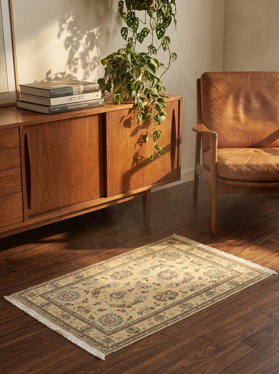 Tabriz 50 Raj — Hand-knotted, 99x151 cm, Beige, 90% Schurwolle, 10% Seide | Back view