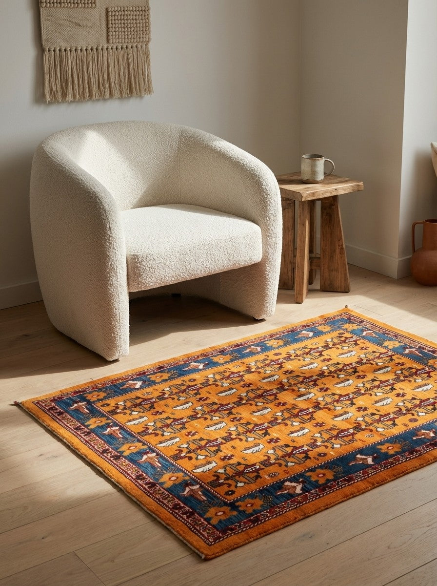Rizbaf — Hand-knotted, 102x152 cm, Yellow, 100% Virgin Wool | Detail view