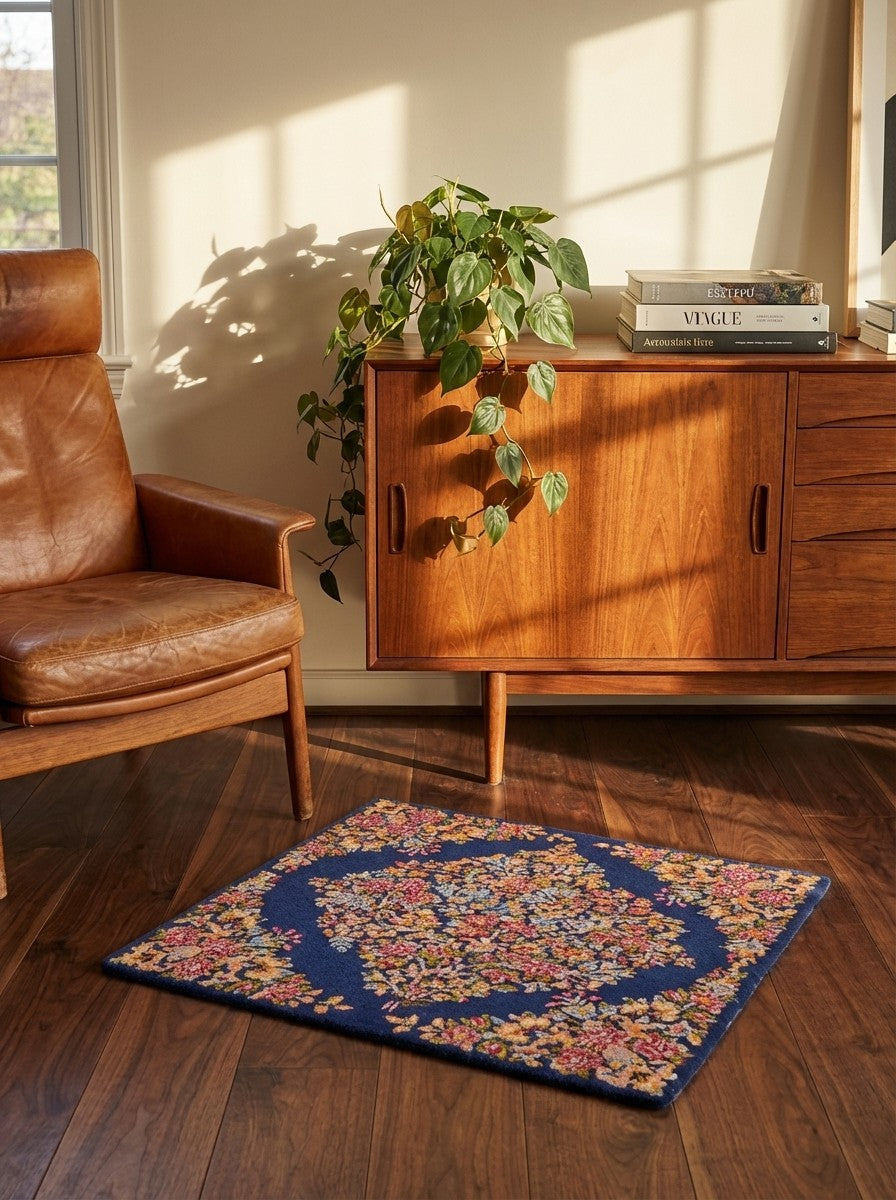 Yazd — Hand-knotted, 52x67 cm, Blue, 100% Virgin Wool | Back view