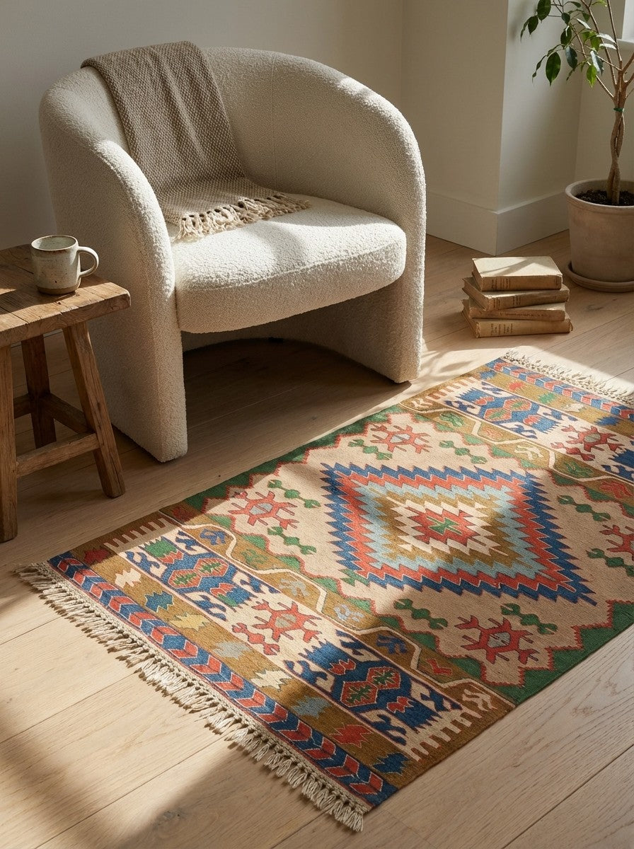 Kelim — Handmade, 107x158 cm, Multicolor, 100% Virgin Wool | Detail view