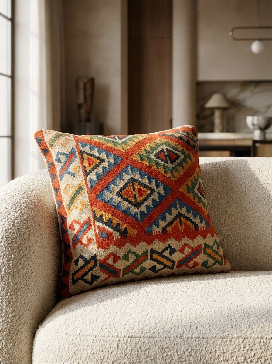 Kelim Kissen — Handmade, 70x70 cm, Red, 100% Virgin Wool | Detail view