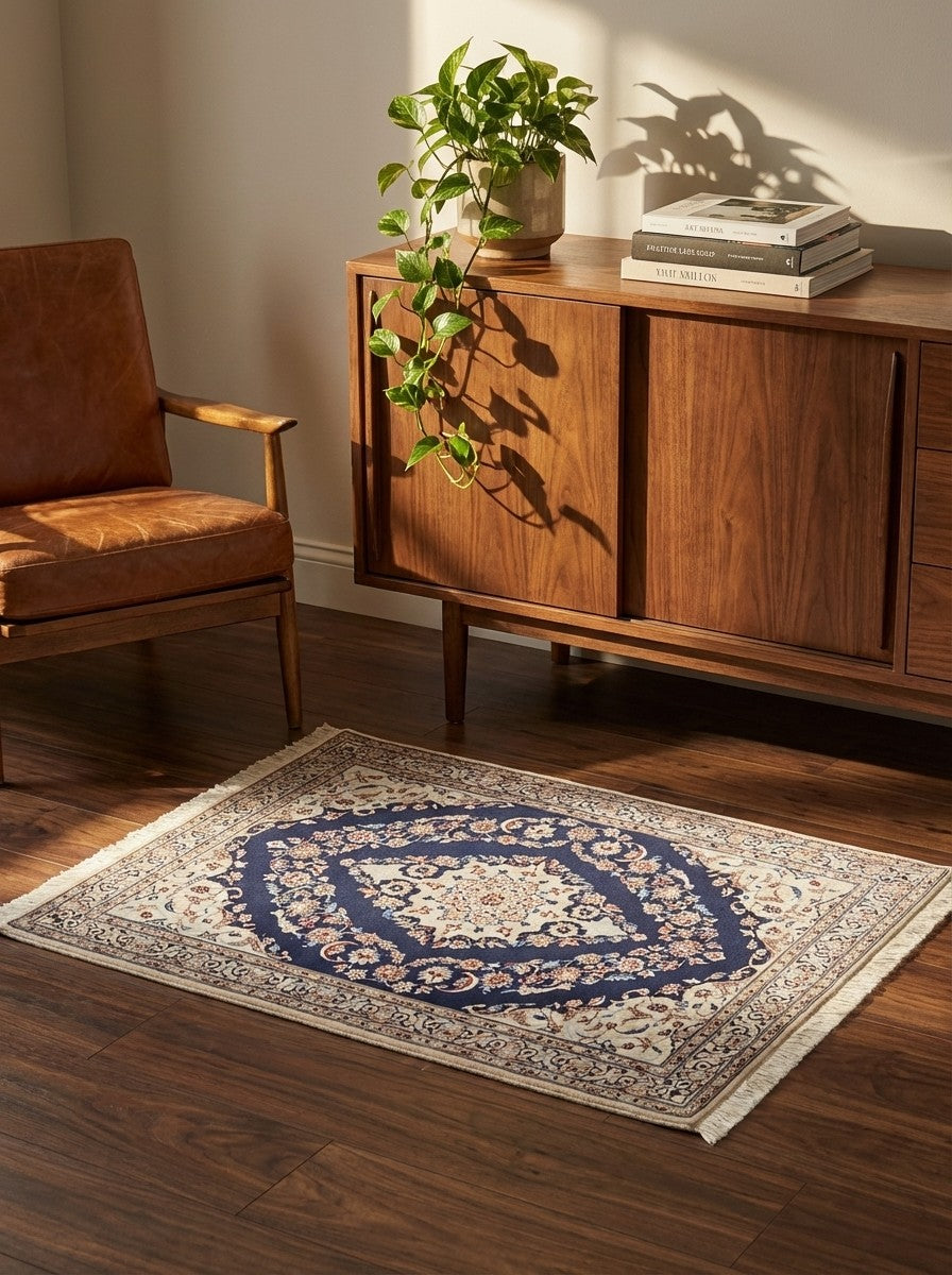 Nain 6La — Hand-knotted, 98x131 cm, Blue, 100% Virgin Wool | Back view