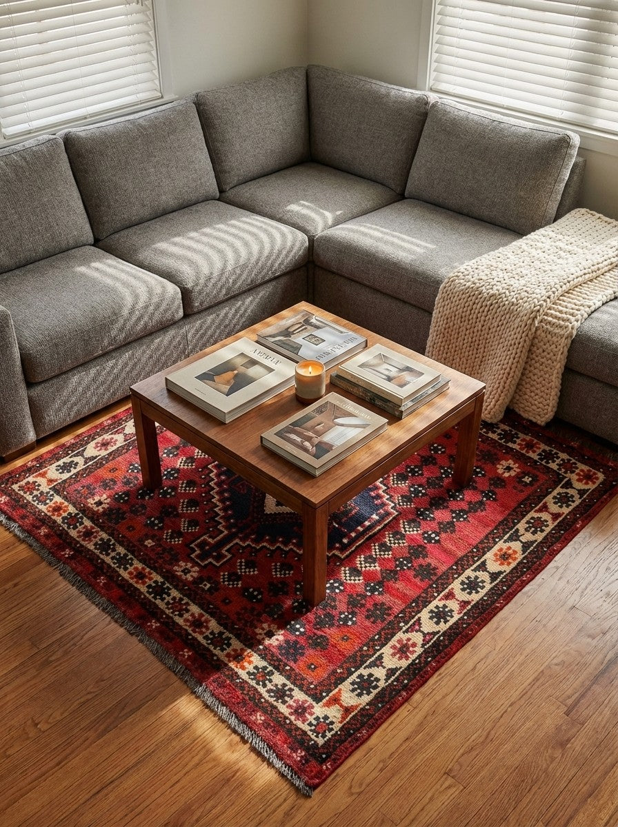 Shiraz — Hand-knotted, 100x92 cm, Red, 100% Virgin Wool | Back view