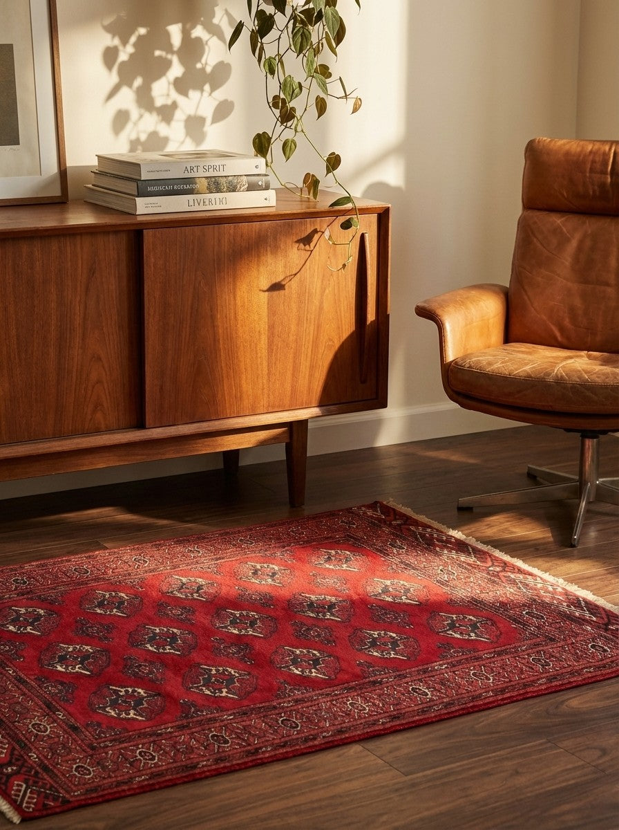Turkman — Hand-knotted, 107x136 cm, Red, 100% Virgin Wool | Back view