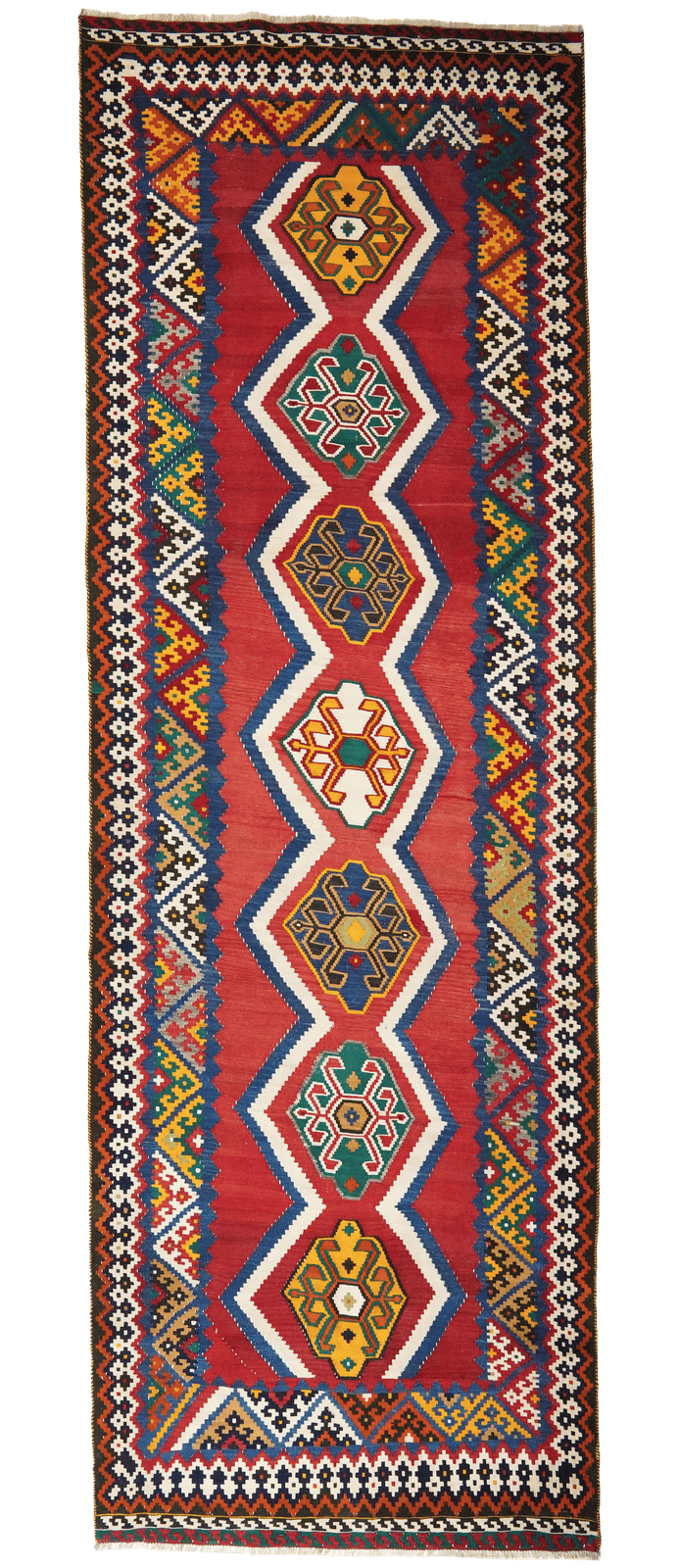 Kelim Gashgai Old — Handmade, 134x384 cm, Red, 100% Virgin Wool | Main view