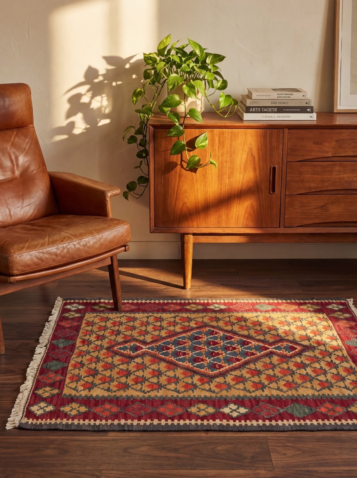 Kelim Senneh — Handmade, 63x86 cm, Beige, 100% Virgin Wool | Back view