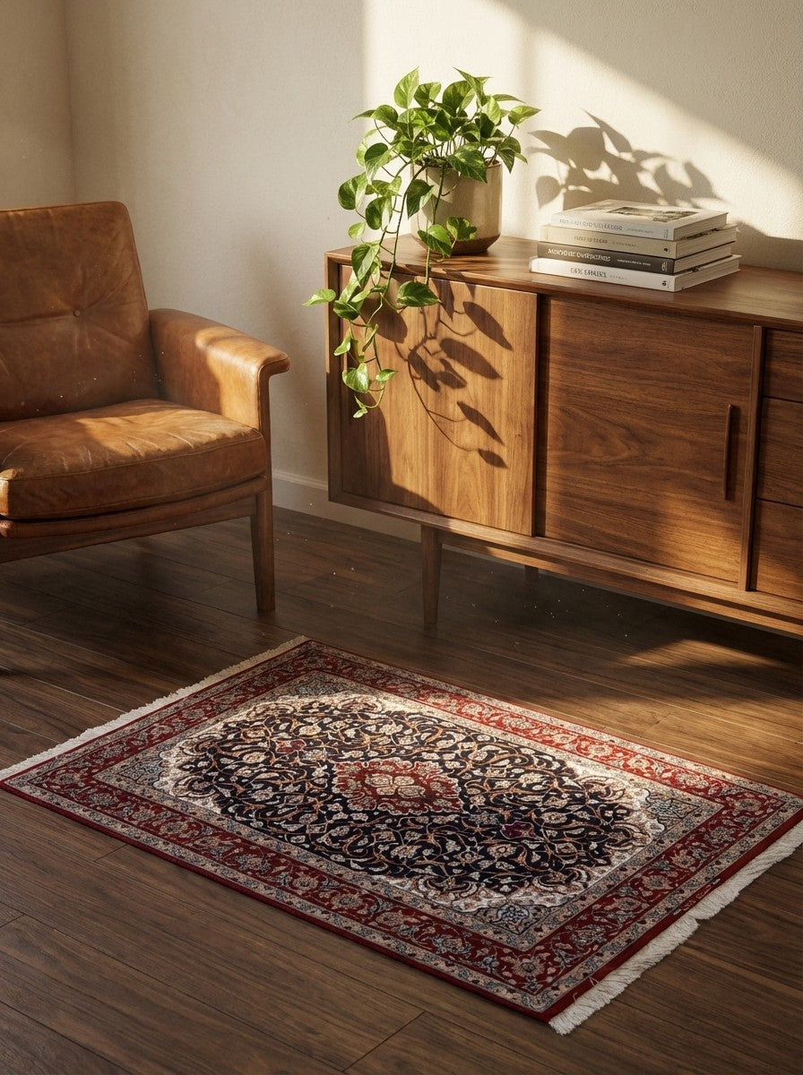 Isfahan — Hand-knotted, 108x160 cm, Blue, 95% Schurwolle, 5% Seide | Back view