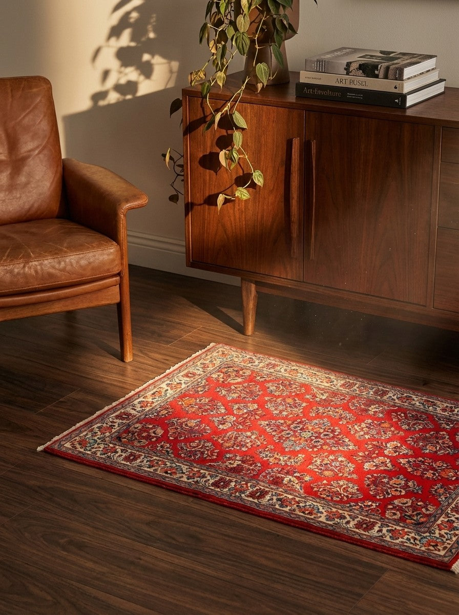 Sarough — Hand-knotted, 104x151 cm, Red, 100% Virgin Wool | Back view