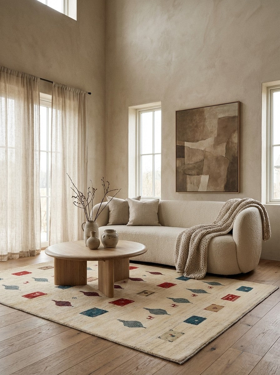Rizbaf — Hand-knotted, 129x182 cm, Beige, 100% Virgin Wool | Detail view