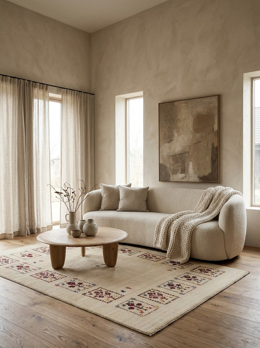 Rizbaf — Hand-knotted, 119x180 cm, Beige, 100% Virgin Wool | Detail view