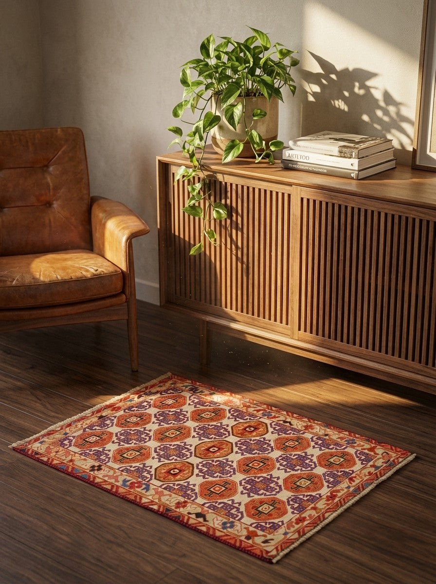 Sumak Shahsavan — Handmade, 78x96 cm, Beige, 100% Virgin Wool | Back view