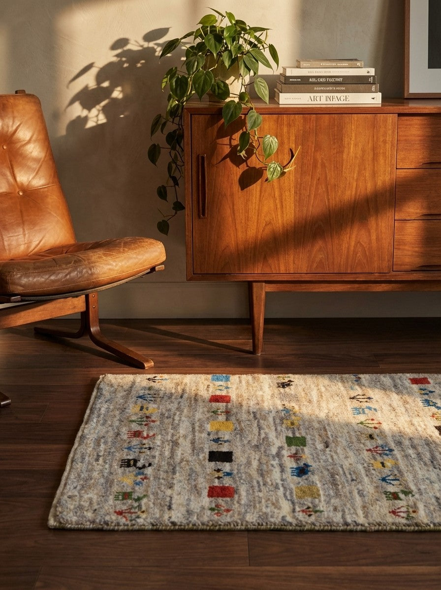 Gabbeh Sonnat — Hand-knotted, 60x90 cm, Beige, 100% Virgin Wool | Back view