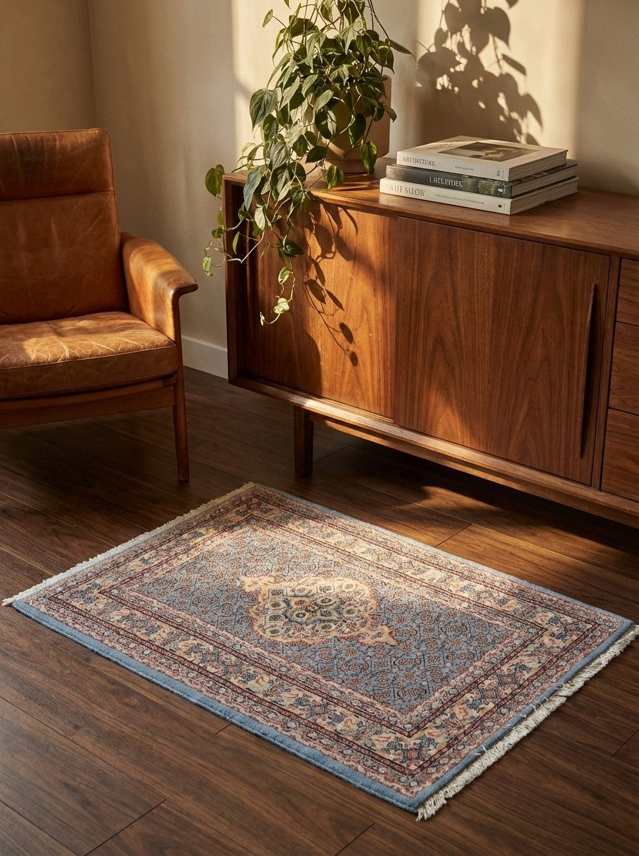 Moud Mahi — Hand-knotted, 78x122 cm, Blue, 100% Virgin Wool | Back view