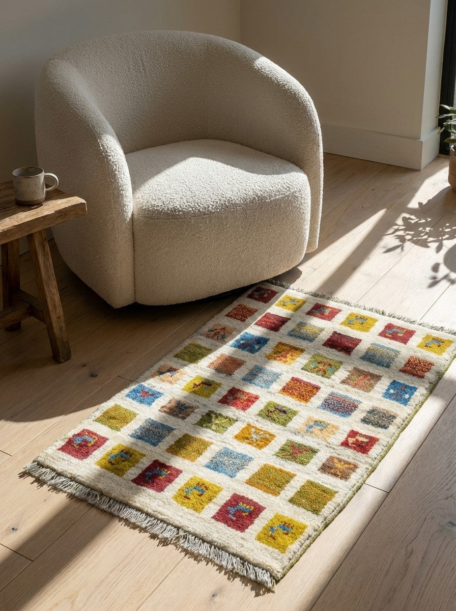 Gabbeh Sonnat — Hand-knotted, 61x88 cm, Beige, 100% Virgin Wool | Detail view