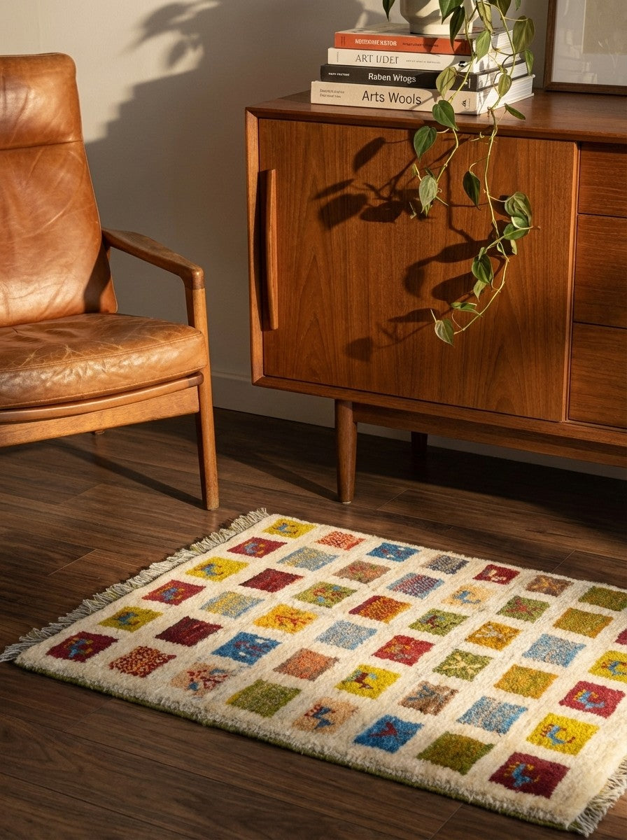 Gabbeh Sonnat — Hand-knotted, 61x88 cm, Beige, 100% Virgin Wool | Back view