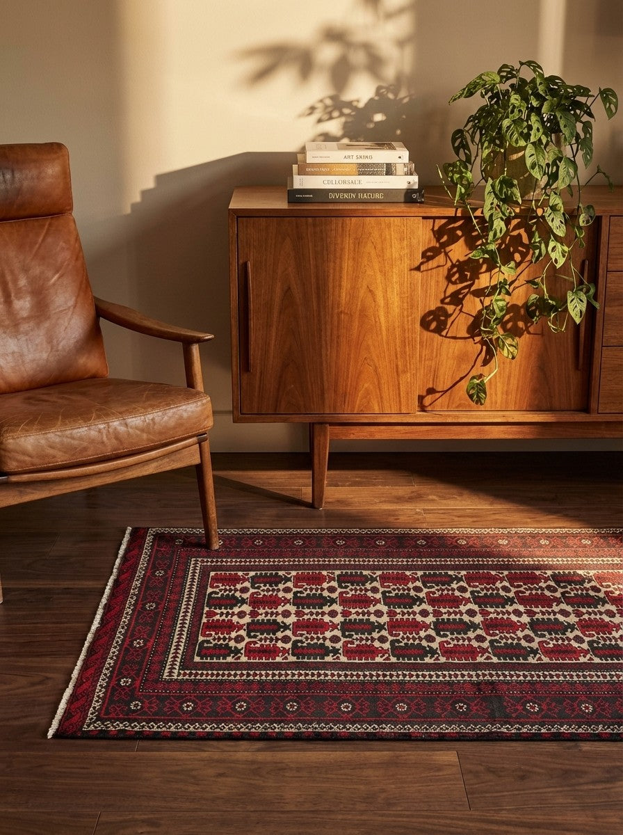 Belutch — Hand-knotted, 99x177 cm, Beige, 100% Virgin Wool | Back view