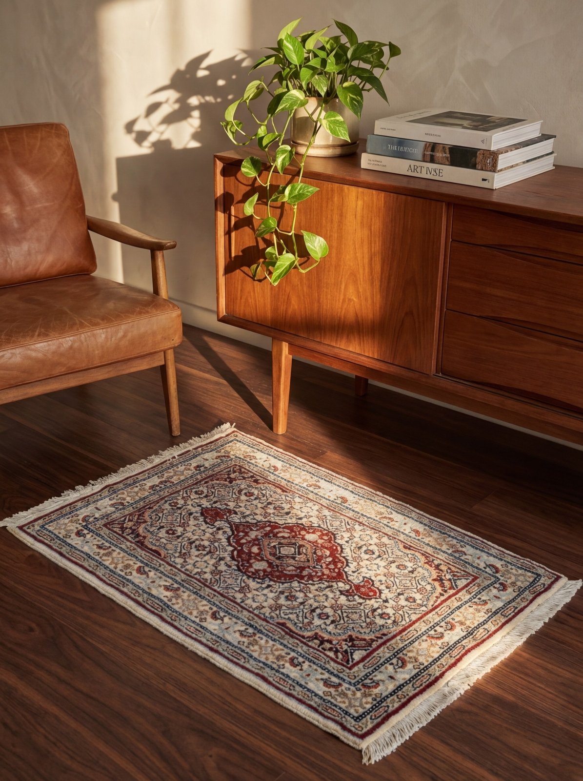 Moud Mahi — Hand-knotted, 59x88 cm, Beige, 100% Virgin Wool | Back view