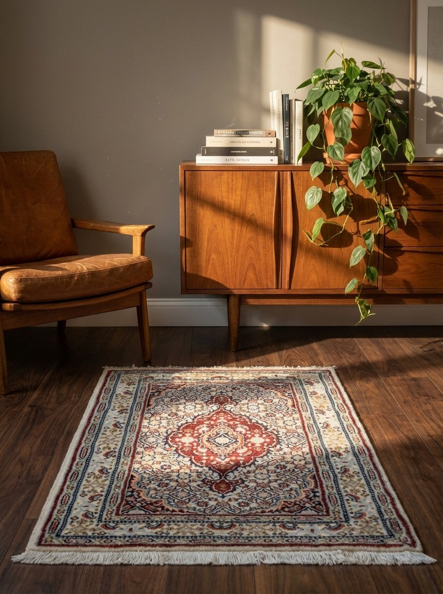 Moud Mahi — Hand-knotted, 58x87 cm, Beige, 100% Virgin Wool | Back view