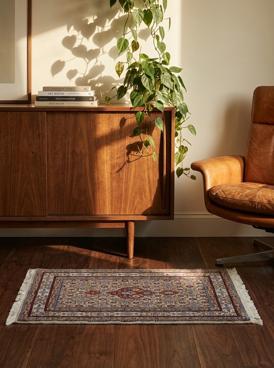 Moud Mahi — Hand-knotted, 58x88 cm, Beige, 100% Virgin Wool | Back view