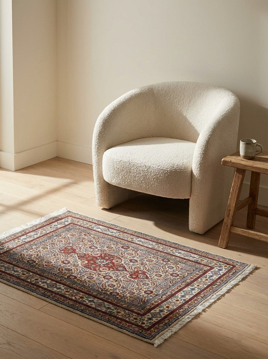Moud Mahi — Hand-knotted, 58x87 cm, Beige, 100% Virgin Wool | Detail view