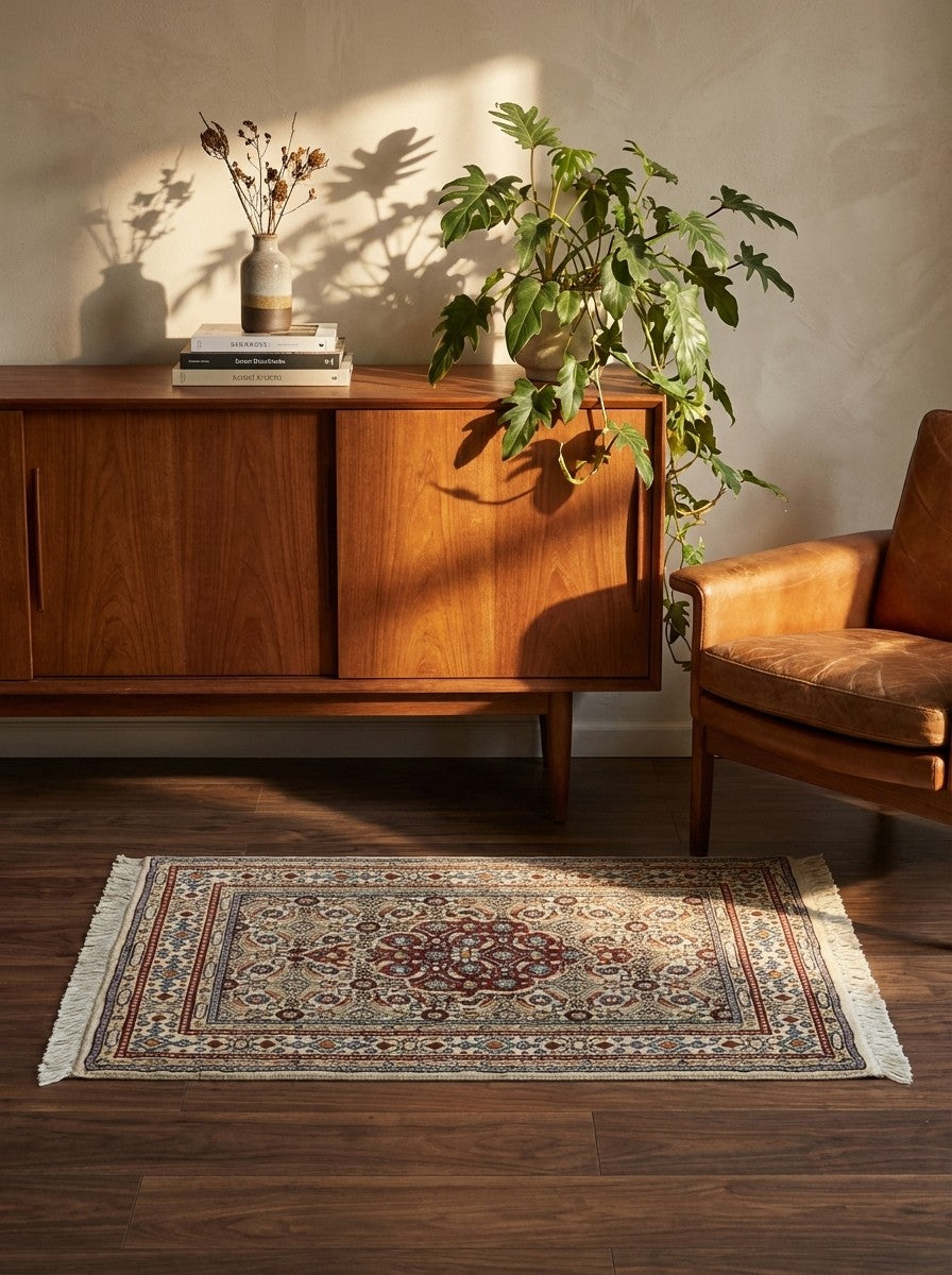 Moud Mahi — Hand-knotted, 59x85 cm, Beige, 100% Virgin Wool | Back view