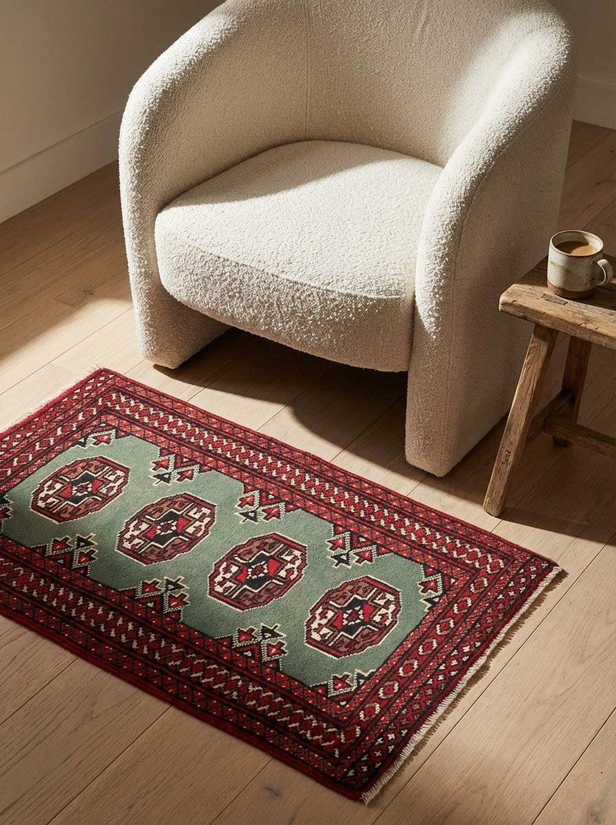 Turkman — Hand-knotted, 62x97 cm, Green, 100% Virgin Wool | Detail view