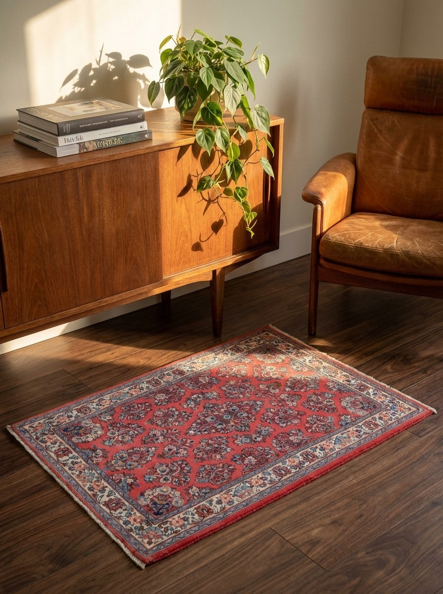 Sarough — Hand-knotted, 107x165 cm, Red, 100% Virgin Wool | Back view