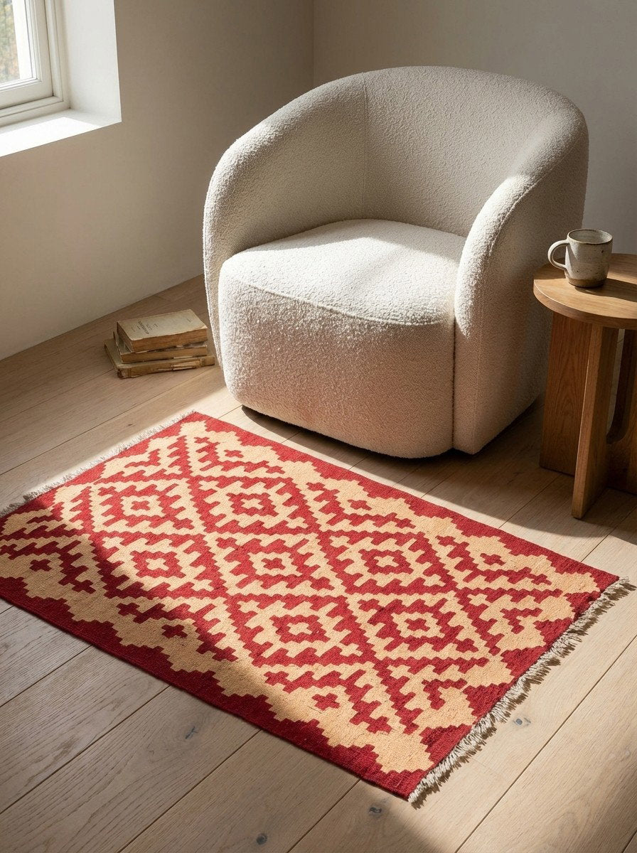 Kelim Gashgai — Handgefertigt, 122x84 cm, Bunt, 100% Virgin Wool | Detail view