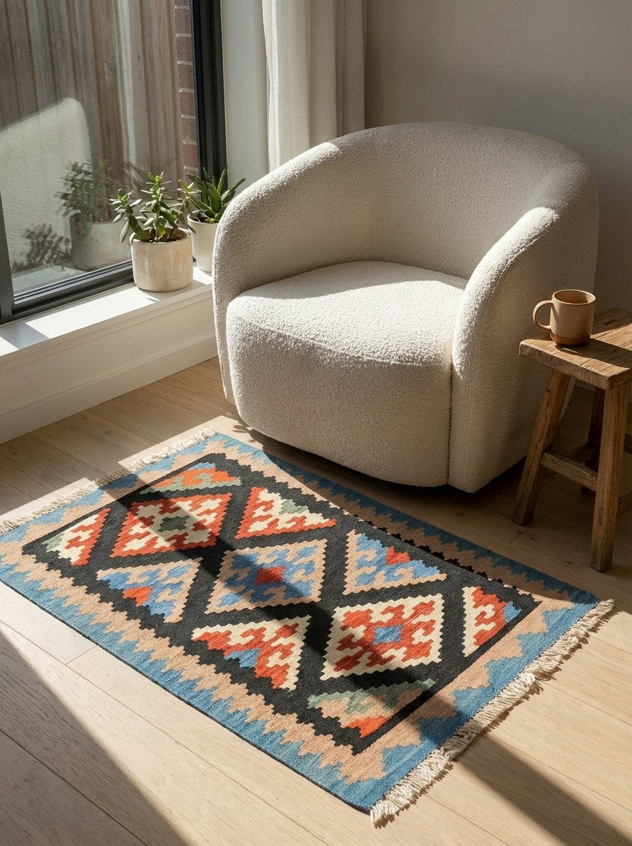 Kelim Gashgai — Handgefertigt, 86x61 cm, Beige, 100% Virgin Wool | Detail view