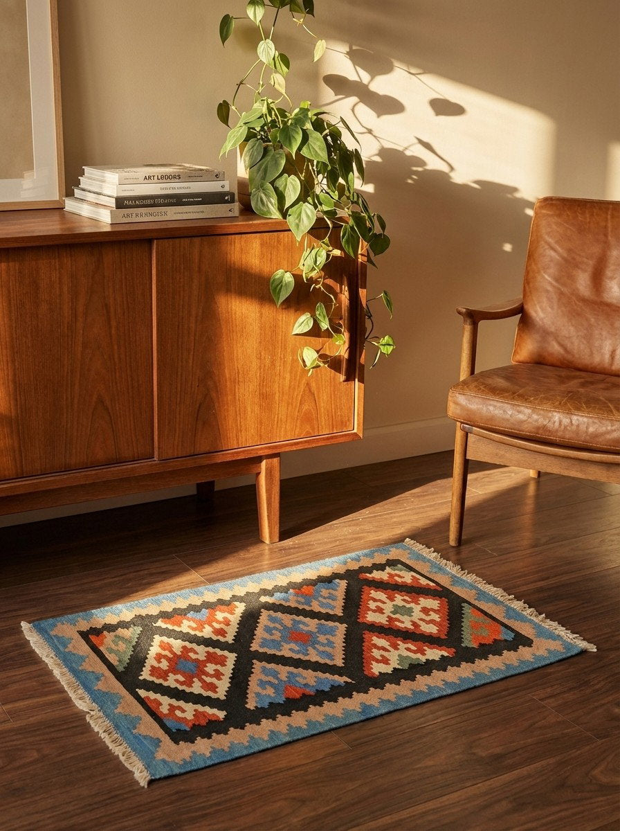 Kelim Gashgai — Handgefertigt, 86x61 cm, Beige, 100% Virgin Wool | Back view