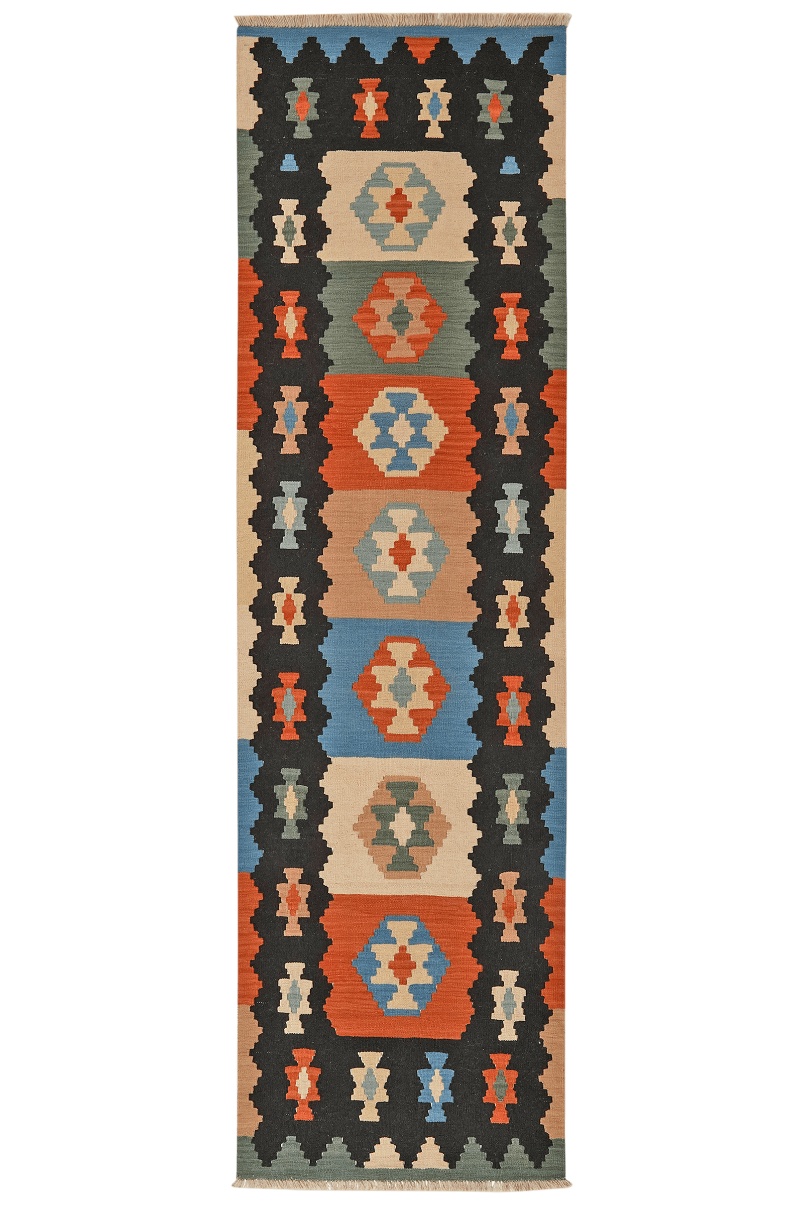Kelim Gashgai — Handmade, 85x295 cm, Black, 100% Virgin Wool | Main view