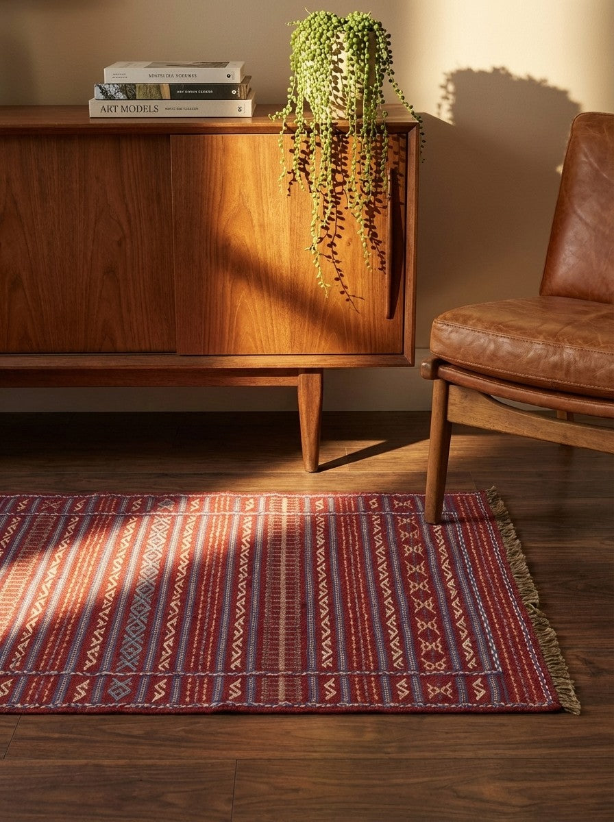 Kelim Kordi — Handmade, 83x120 cm, Red, 100% Virgin Wool | Back view