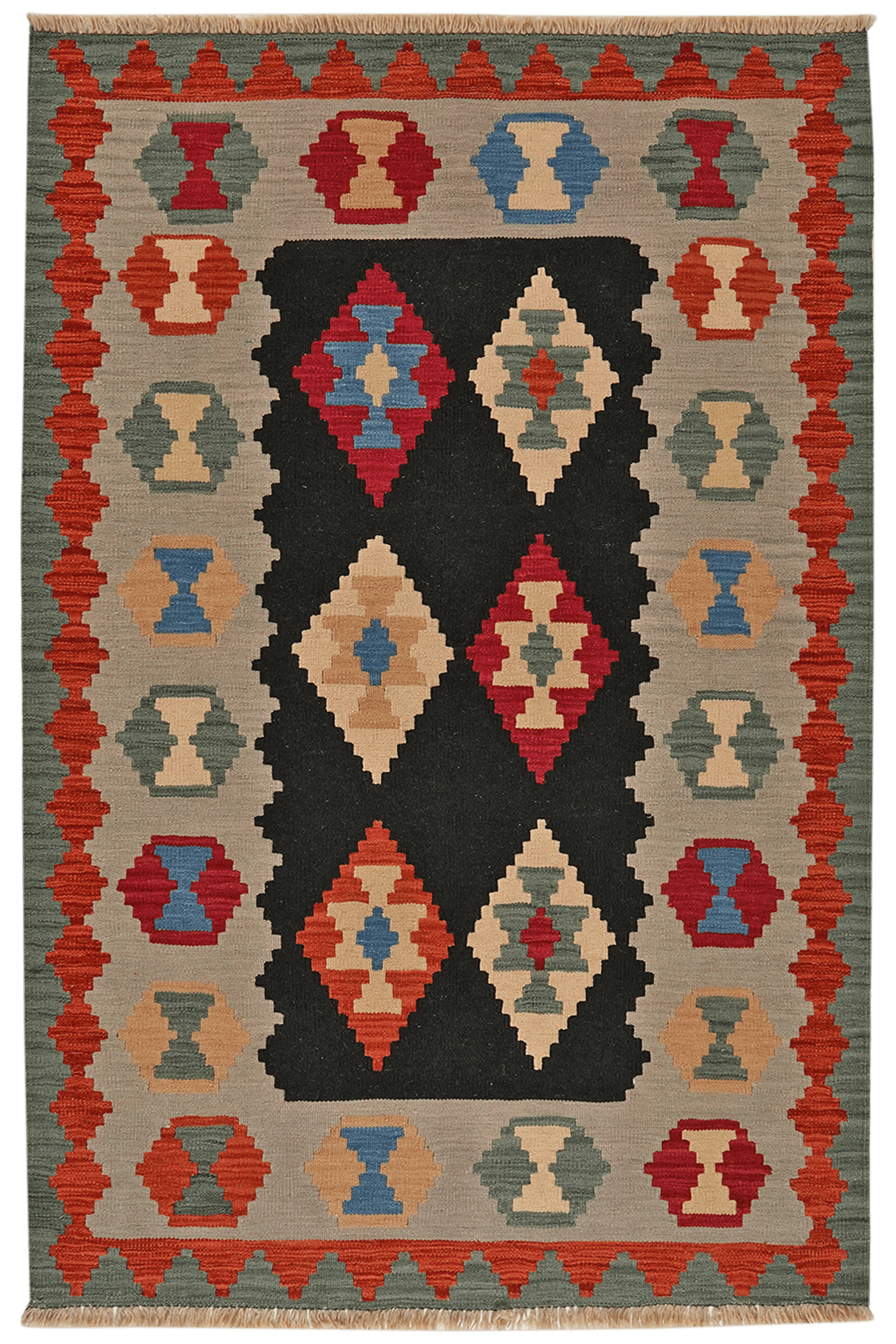 Kelim Gashgai — Handmade, 125x187 cm, Black, 100% Virgin Wool | Main view