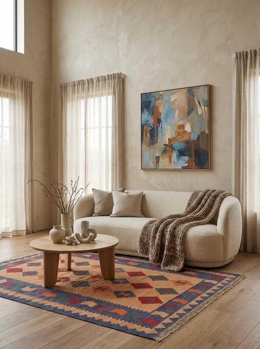 Kelim Gashgai — Handgefertigt, 180x127 cm, Blau, 100% Virgin Wool | Detail view