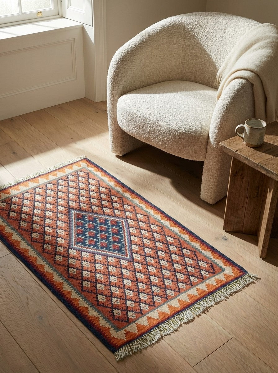 Kelim Senneh — Handmade, 62x87 cm, Red, 100% Virgin Wool | Detail view