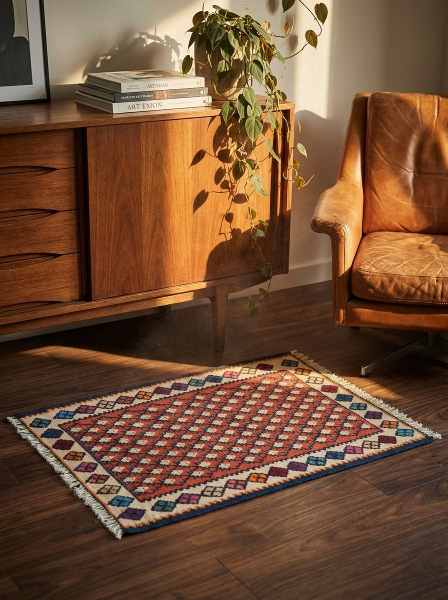Kelim Senneh — Handmade, 62x82 cm, Red, 100% Virgin Wool | Back view