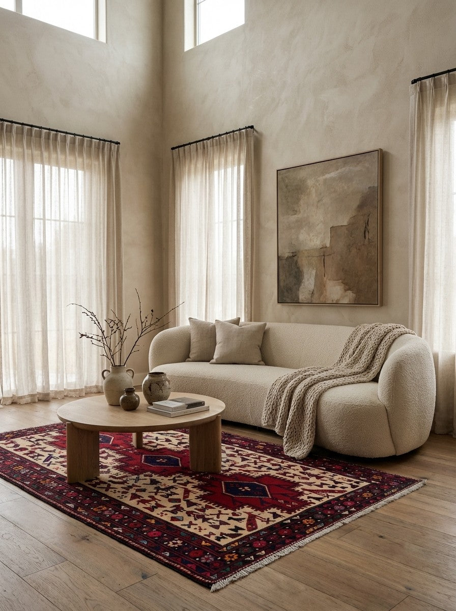 Afshar — Hand-knotted, 112x198 cm, Beige, 100% Virgin Wool | Detail view