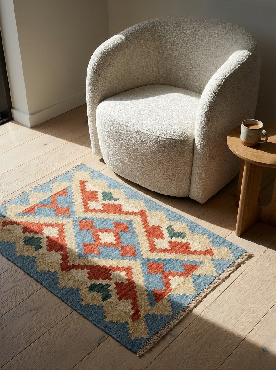 Kelim Gashgai — Handmade, 66x92 cm, Blue, 100% Virgin Wool | Detail view