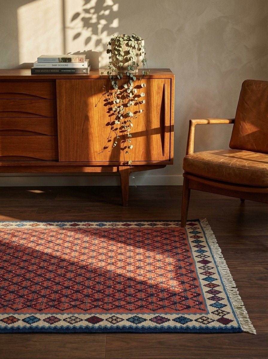 Kelim Senneh — Handgefertigt, 147x107 cm, Beige, 100% Virgin Wool | Back view