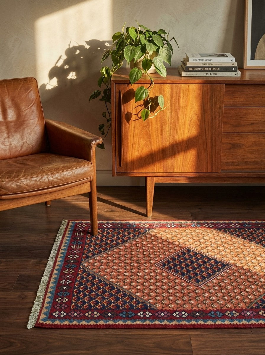 Kelim Senneh — Handmade, 107x154 cm, Orange, 100% Virgin Wool | Back view