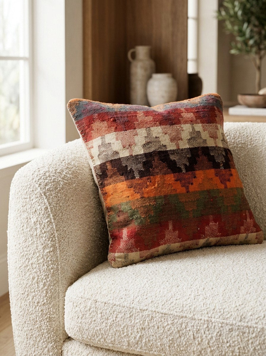 Kelim Kissen — Handgefertigt, 65x65 cm, Bunt, 100% Virgin Wool | Detail view