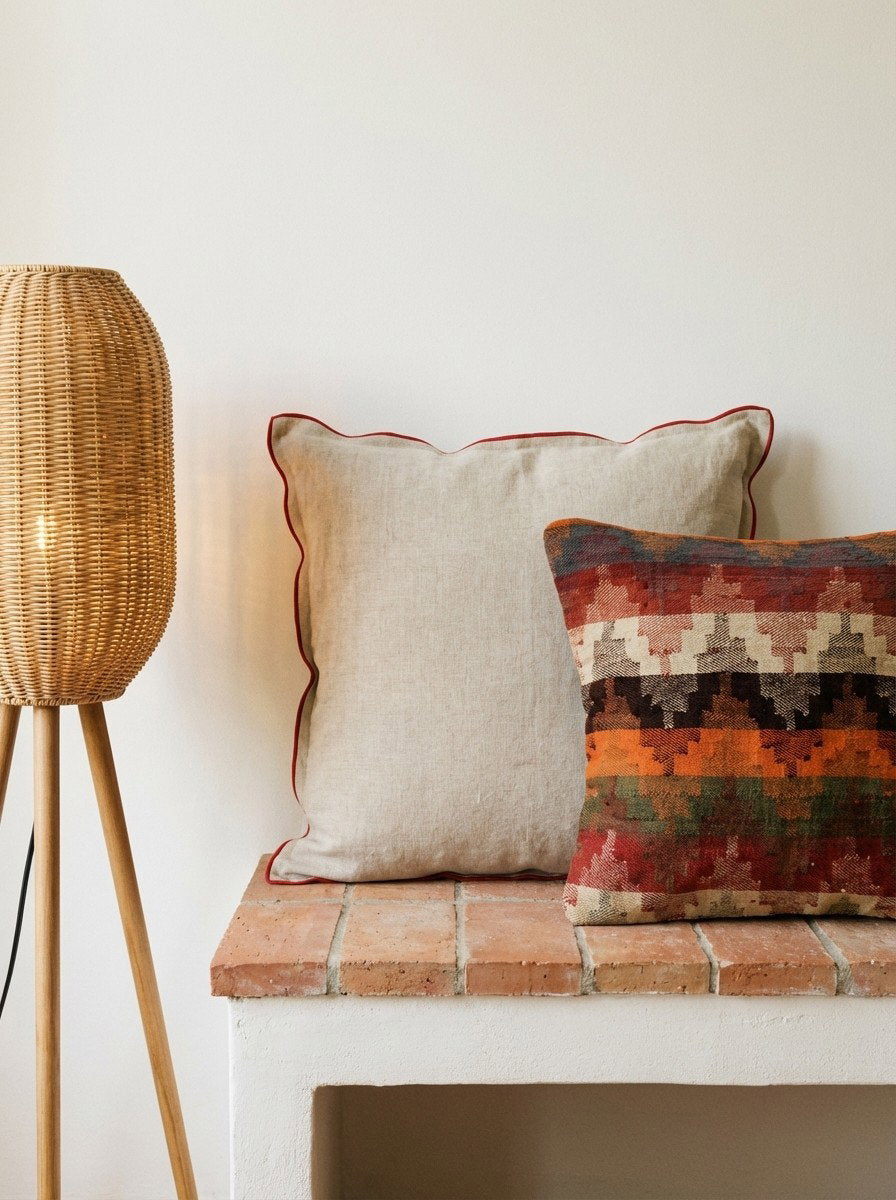 Kelim Kissen — Handgefertigt, 65x65 cm, Bunt, 100% Virgin Wool | Back view