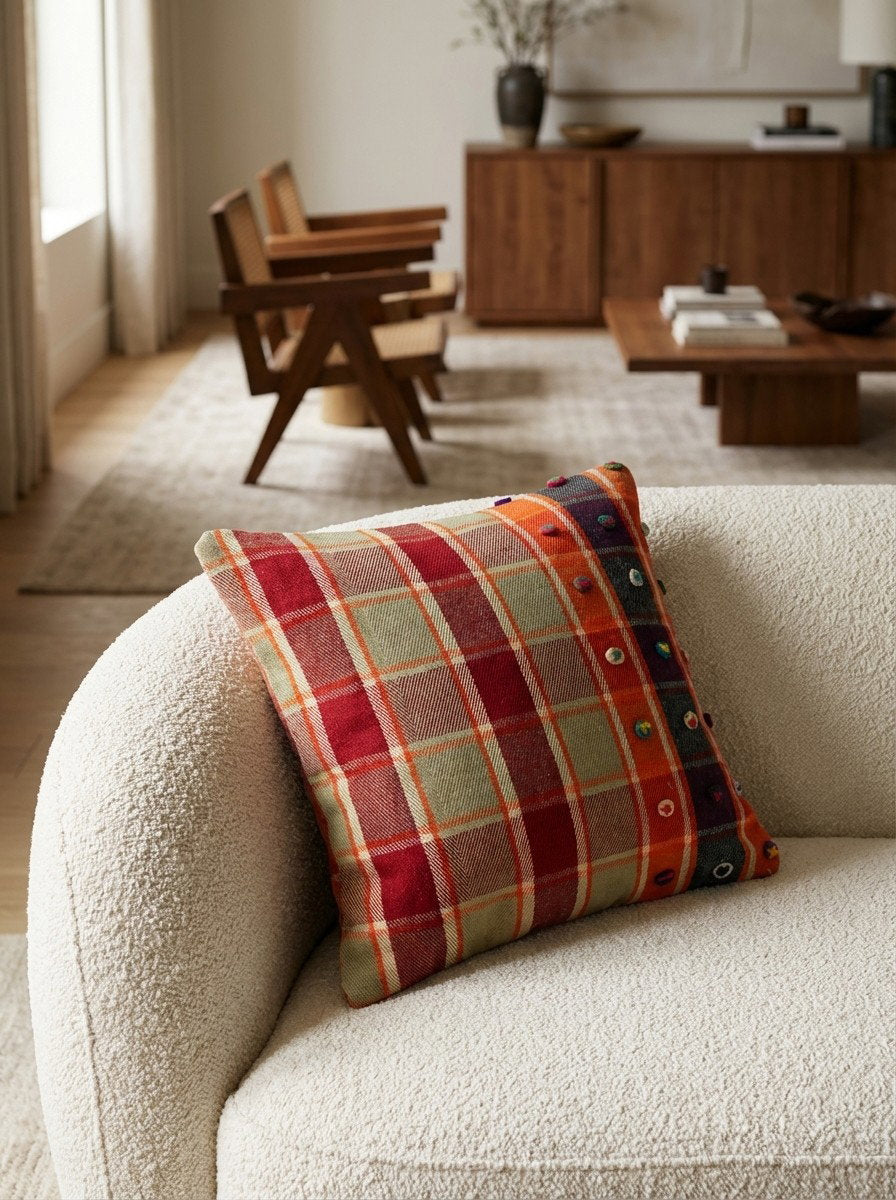 Kelim Kissen — Handgefertigt, 65x65 cm, Bunt, 100% Virgin Wool | Detail view