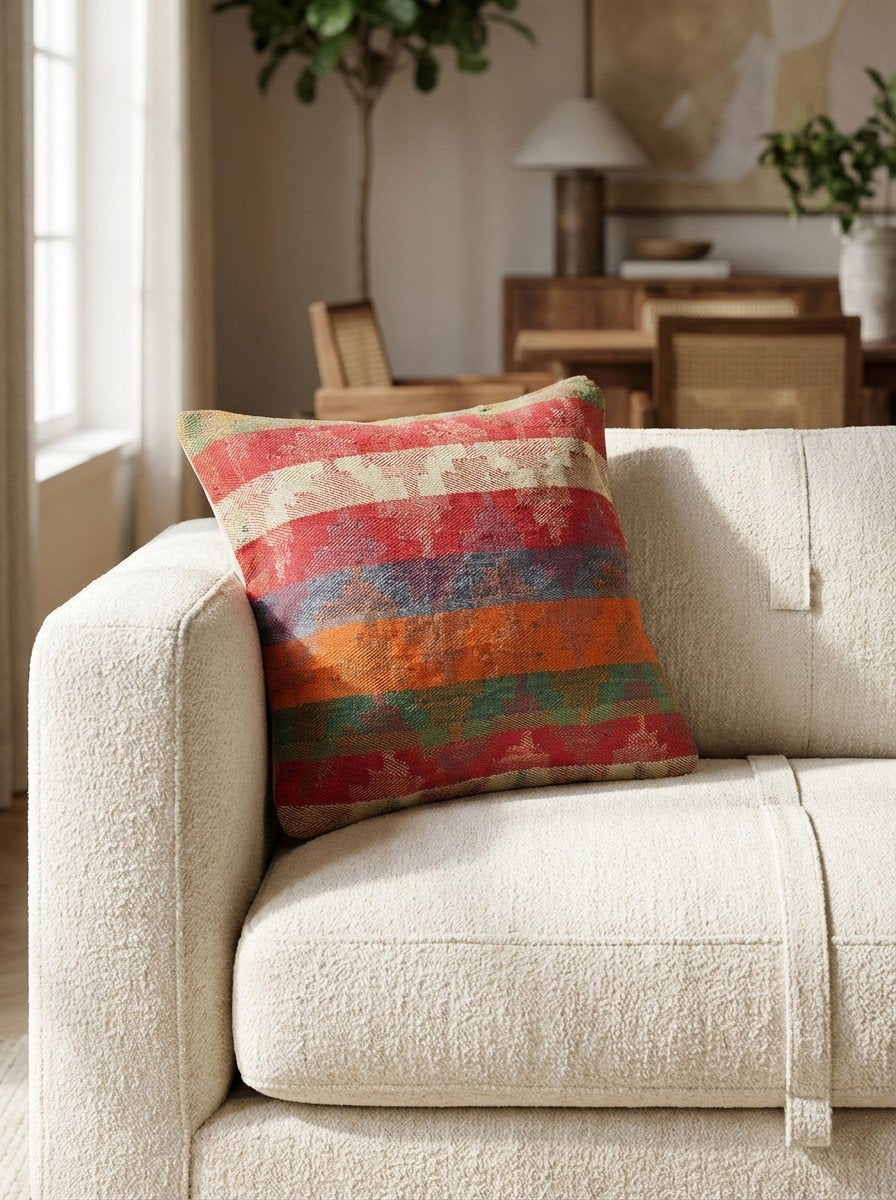 Kelim Kissen — Handgefertigt, 65x65 cm, Bunt, 100% Virgin Wool | Detail view