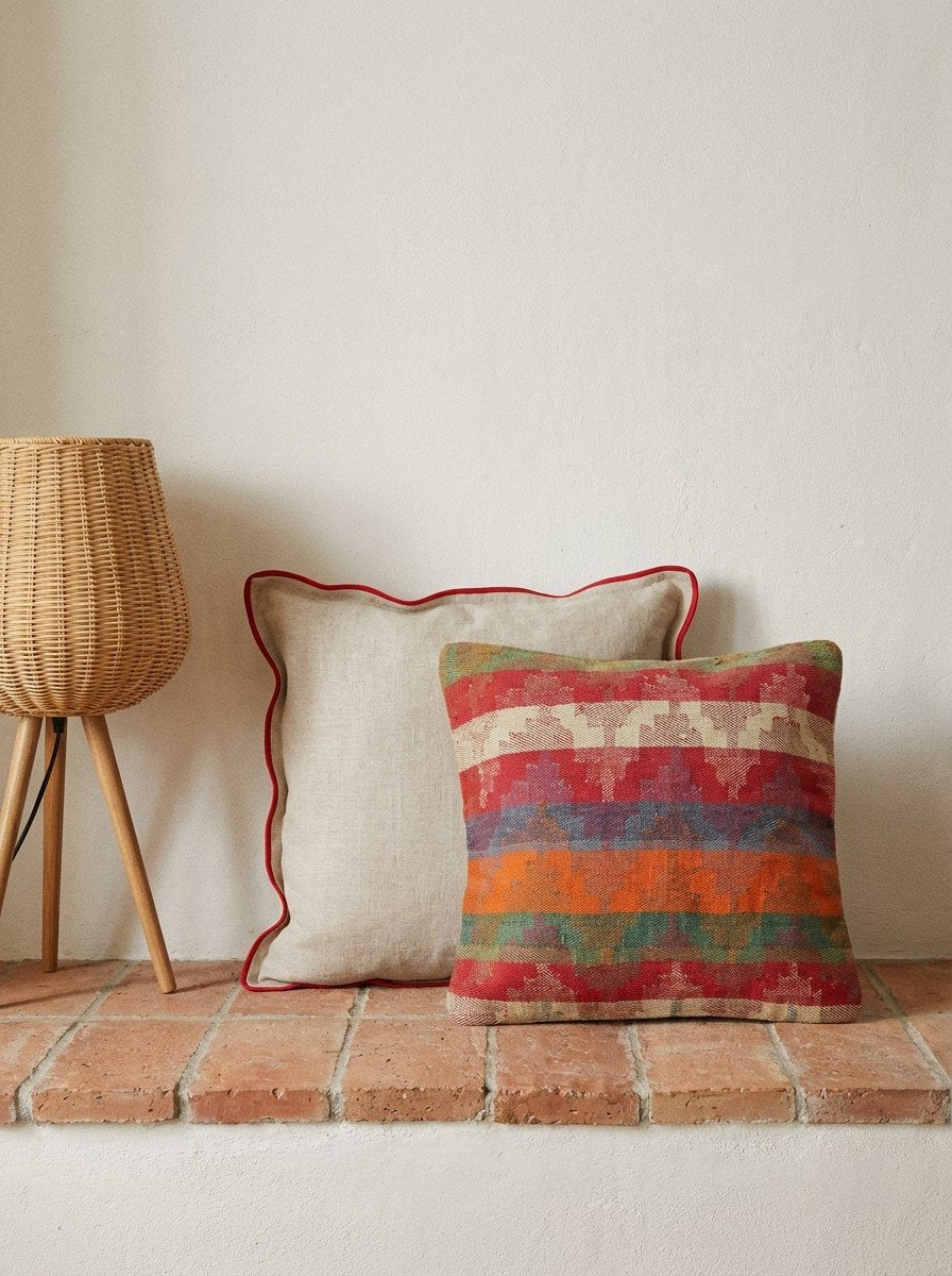 Kelim Kissen — Handgefertigt, 65x65 cm, Bunt, 100% Virgin Wool | Back view