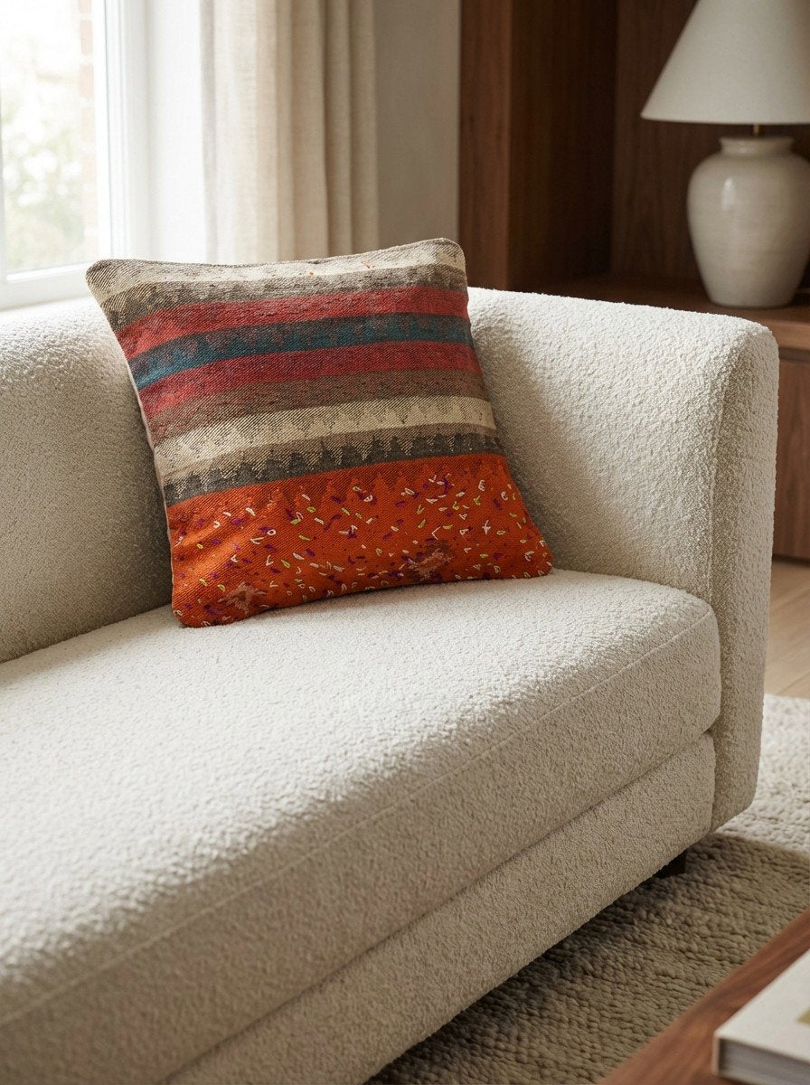 Kelim Kissen — Handgefertigt, 65x65 cm, Bunt, 100% Virgin Wool | Detail view