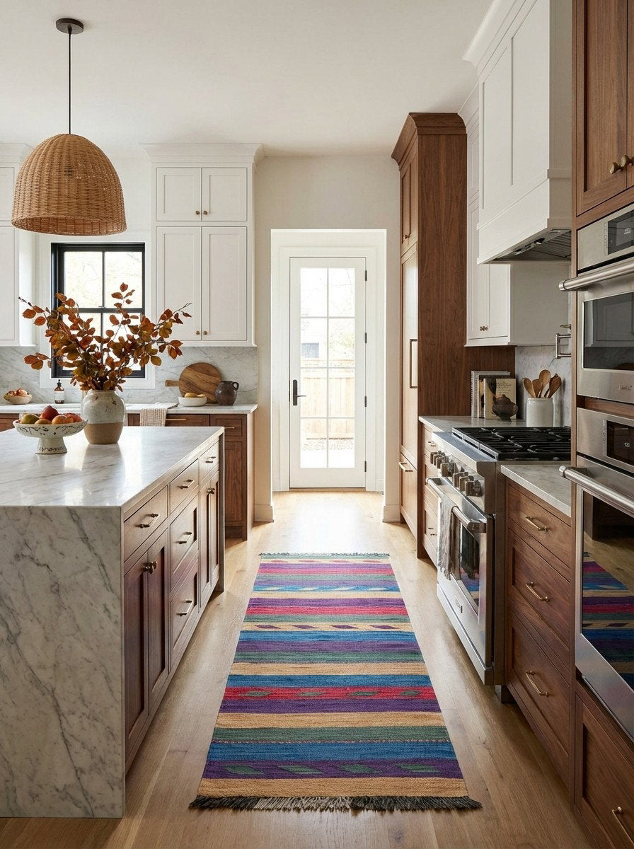 Kelim Gashgai — Handgefertigt, 203x64 cm, Bunt, 100% Virgin Wool | Back view