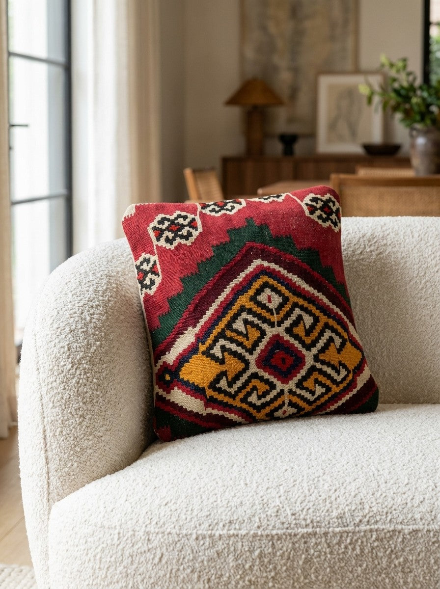 Kelim Kissen — Handmade, 40x40 cm, Multicolor, 100% Virgin Wool | Detail view
